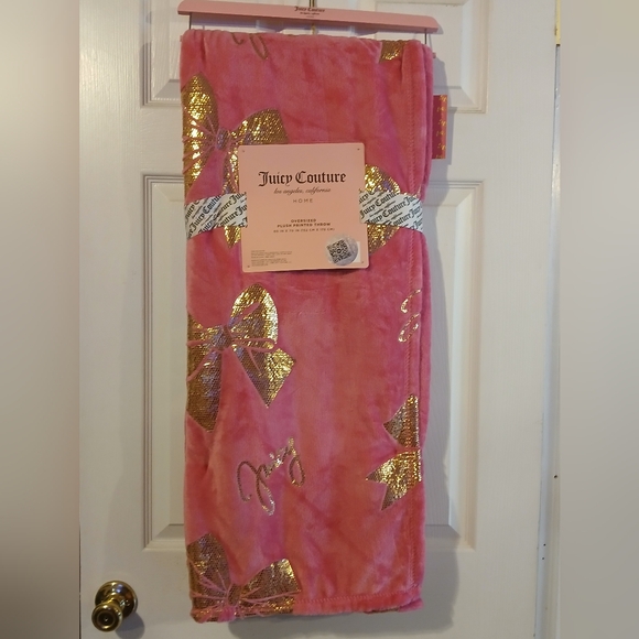 Juicy Couture Pink and Gold Bow Throw Blanket - Picture 1 of 4